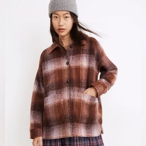 Madewell Brushed Plaid Knit Shirt Jacket in Faded Fig